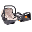 A baby car seat with a beige and black interior and base, shown next to its matching black base on a clean white background.