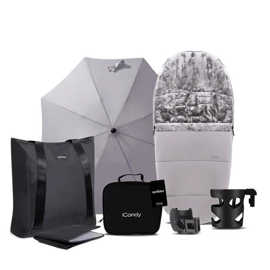 Collection of iCandy baby products including an umbrella, seat, and bags on a white background