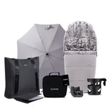 Collection of iCandy baby products including an umbrella, seat, and bags on a white background
