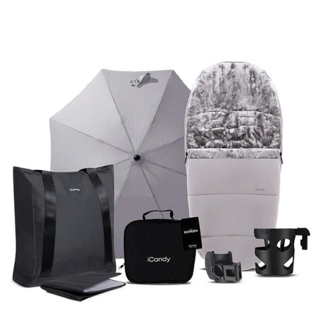 Collection of iCandy baby products including an umbrella, seat, and bags on a white background