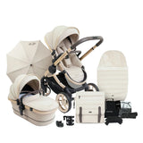 Beige baby stroller set with accessories on a white background