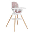 Pink and white high chair with wooden legs on a white background