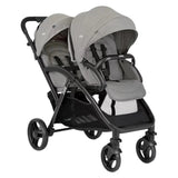 Double stroller with two gray seats on a white background
