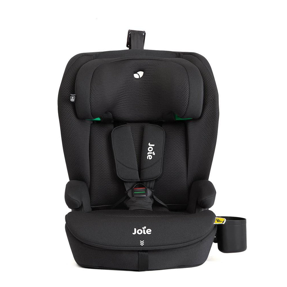 Black car seat with 'Joie' branding on a white background