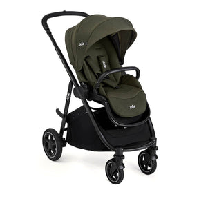 Green and black stroller with Joie branding on a white background