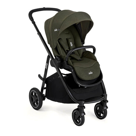 Green and black stroller with Joie branding on a white background