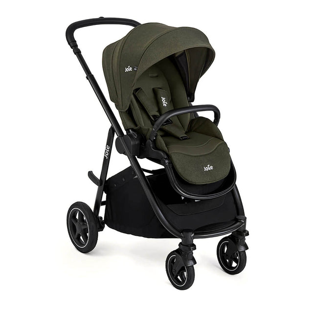 Green and black stroller with Joie branding on a white background