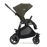 Green and black stroller with Joie branding on a white background