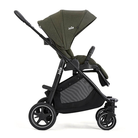 Green and black stroller with Joie branding on a white background