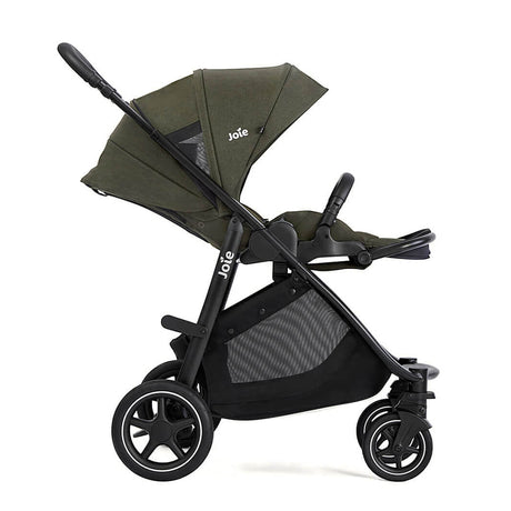 Green and black stroller with Joie branding on a white background