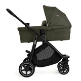 Green baby stroller with black frame on a white background