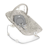 A baby swing seat with a light gray and white patterned fabric, featuring a gray padded headrest, safety harness, and an adjustable curved support base.