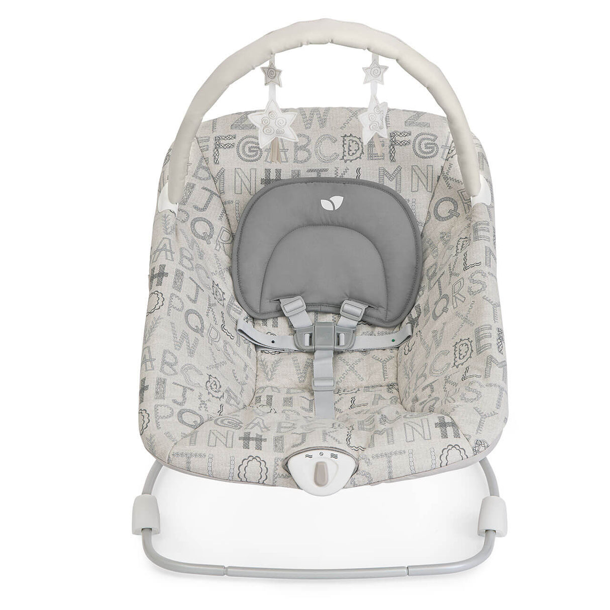 A baby rocking seat with a white and gray alphabet patterned fabric, featuring a gray padded headrest, adjustable straps, and a white metal base with an arch overhead.
