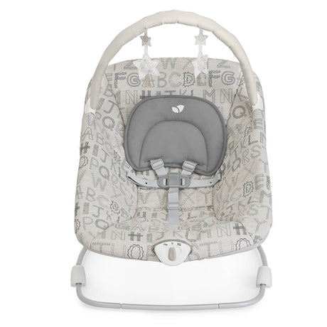 A baby rocking seat with a white and gray alphabet patterned fabric, featuring a gray padded headrest, adjustable straps, and a white metal base with an arch overhead.
