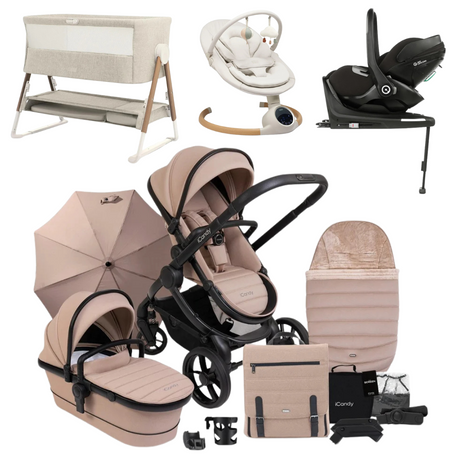 iCandy Peach 7 Luxury 360 Car Seat New Parent Bundle With Bouncer And Bedside Crib