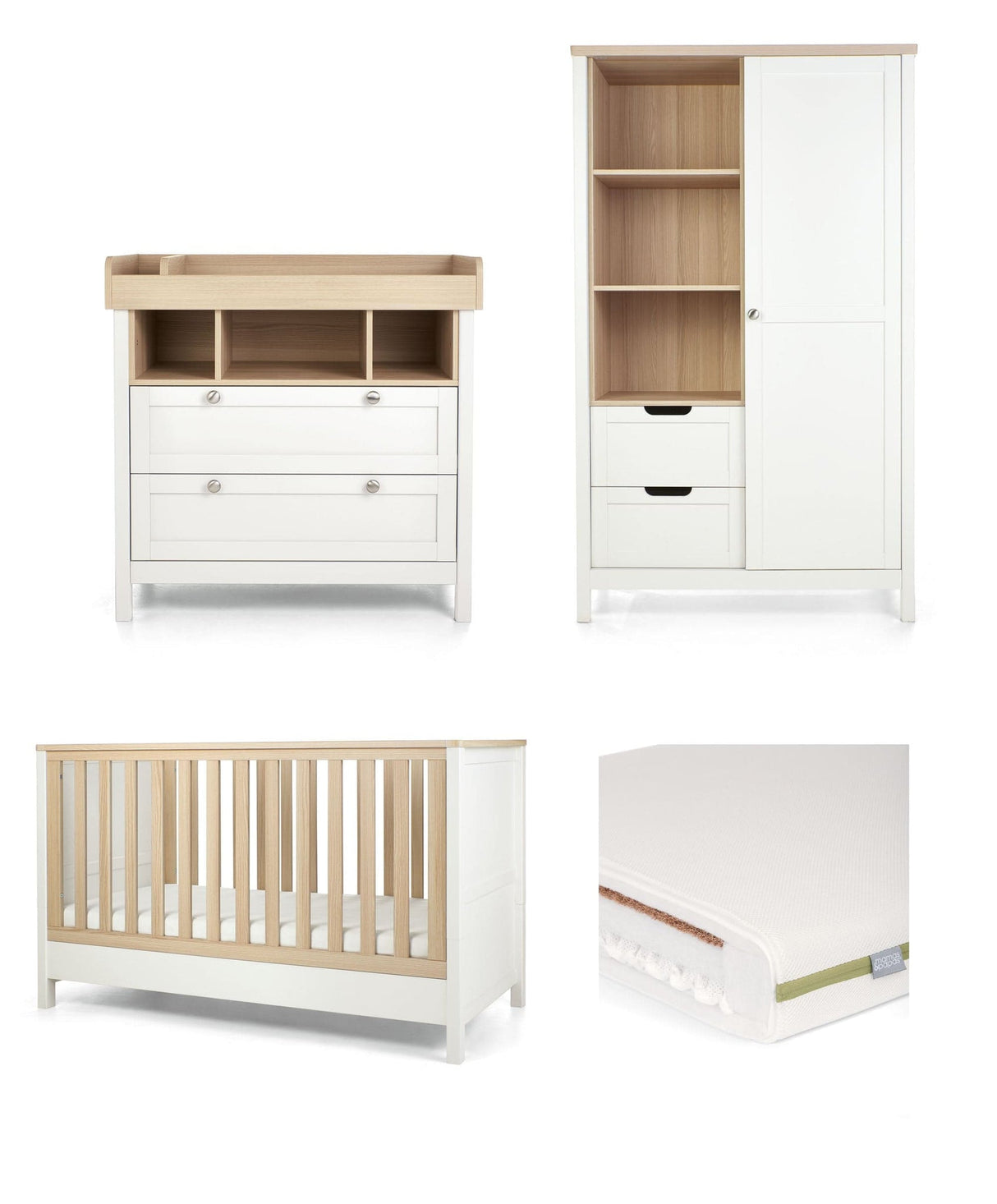 Mamas & Papas Harwell 3 Piece Furniture Range with Premium Dual Core+ Mattress - White / Natural
