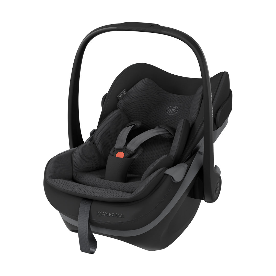 Black baby car seat with canopy on a white background