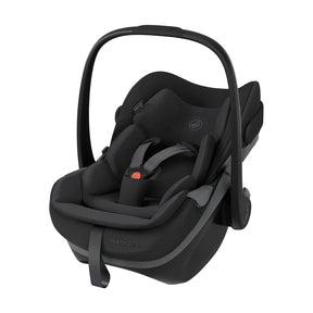 Black baby car seat with canopy on a white background