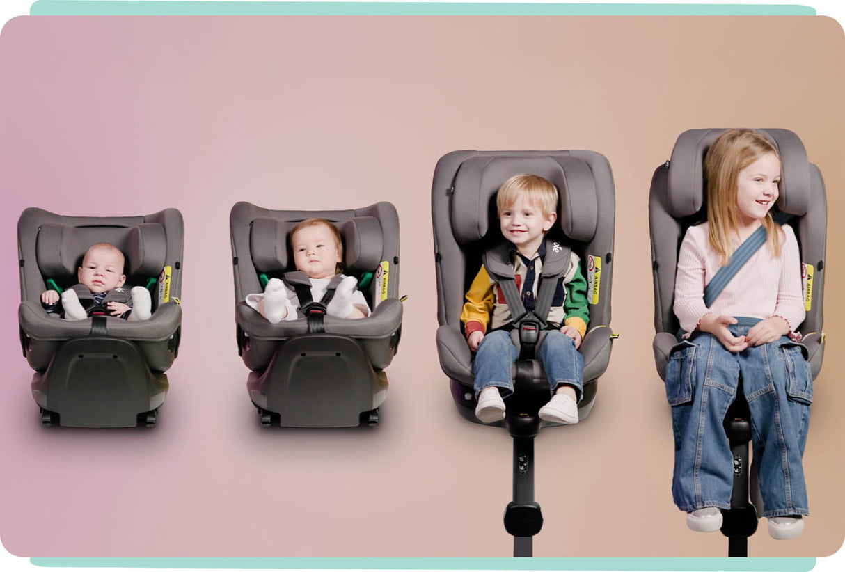 Four stages of a child growing in a car seat from infancy to early childhood.