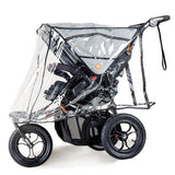 A clear vinyl stroller rain cover with a black frame and handle, shown fitted over a black stroller on a white studio background.