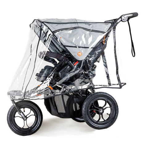 A clear vinyl stroller rain cover with a black frame and handle, shown fitted over a black stroller on a white studio background.