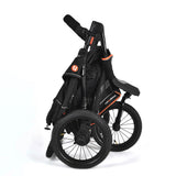 Black and orange stroller on a white background