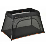Black portable crib with mesh sides on a white background