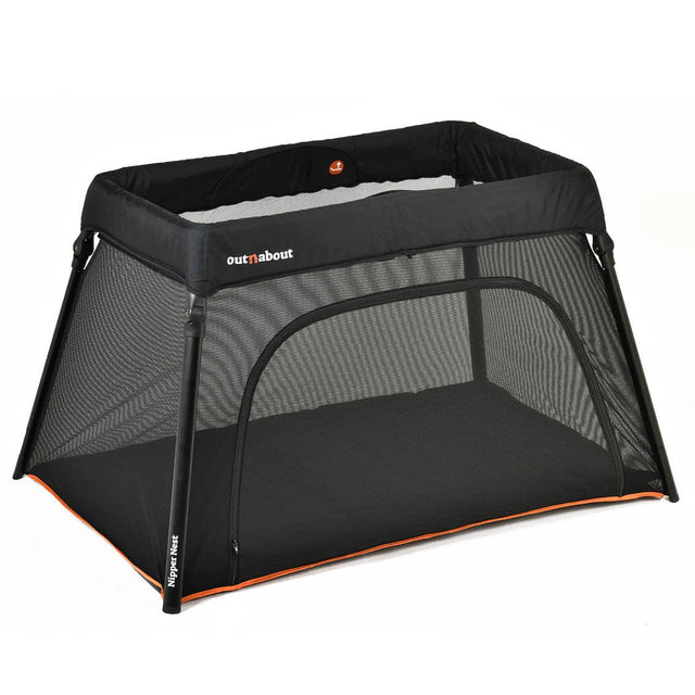 Black portable crib with mesh sides on a white background