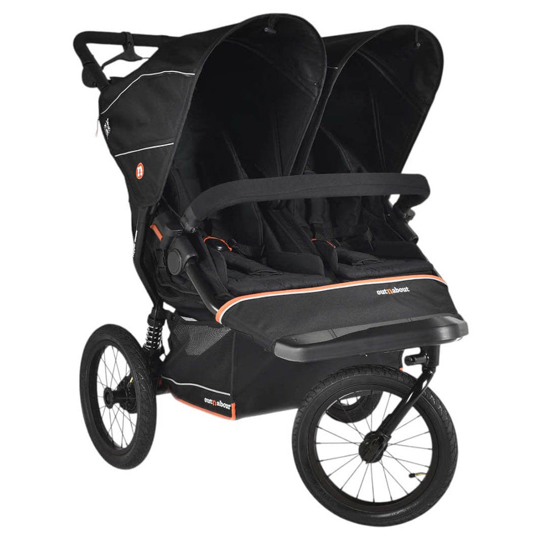 Black double stroller with orange accents on a white background