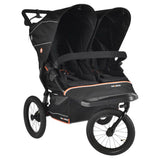 Black double stroller with orange accents on a white background