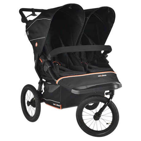 Black double stroller with orange accents on a white background