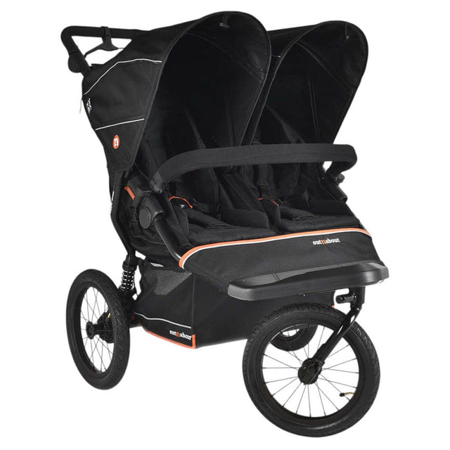 Black double stroller with orange accents on a white background