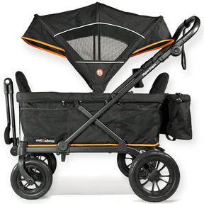 Black and orange stroller wagon with canopy on a white background