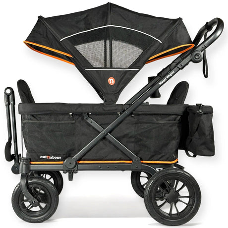 Black and orange stroller wagon with canopy on a white background