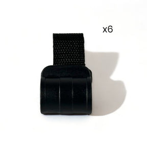 Black strap with a clip on a white background