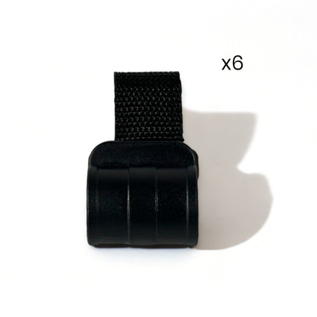 Black strap with a clip on a white background