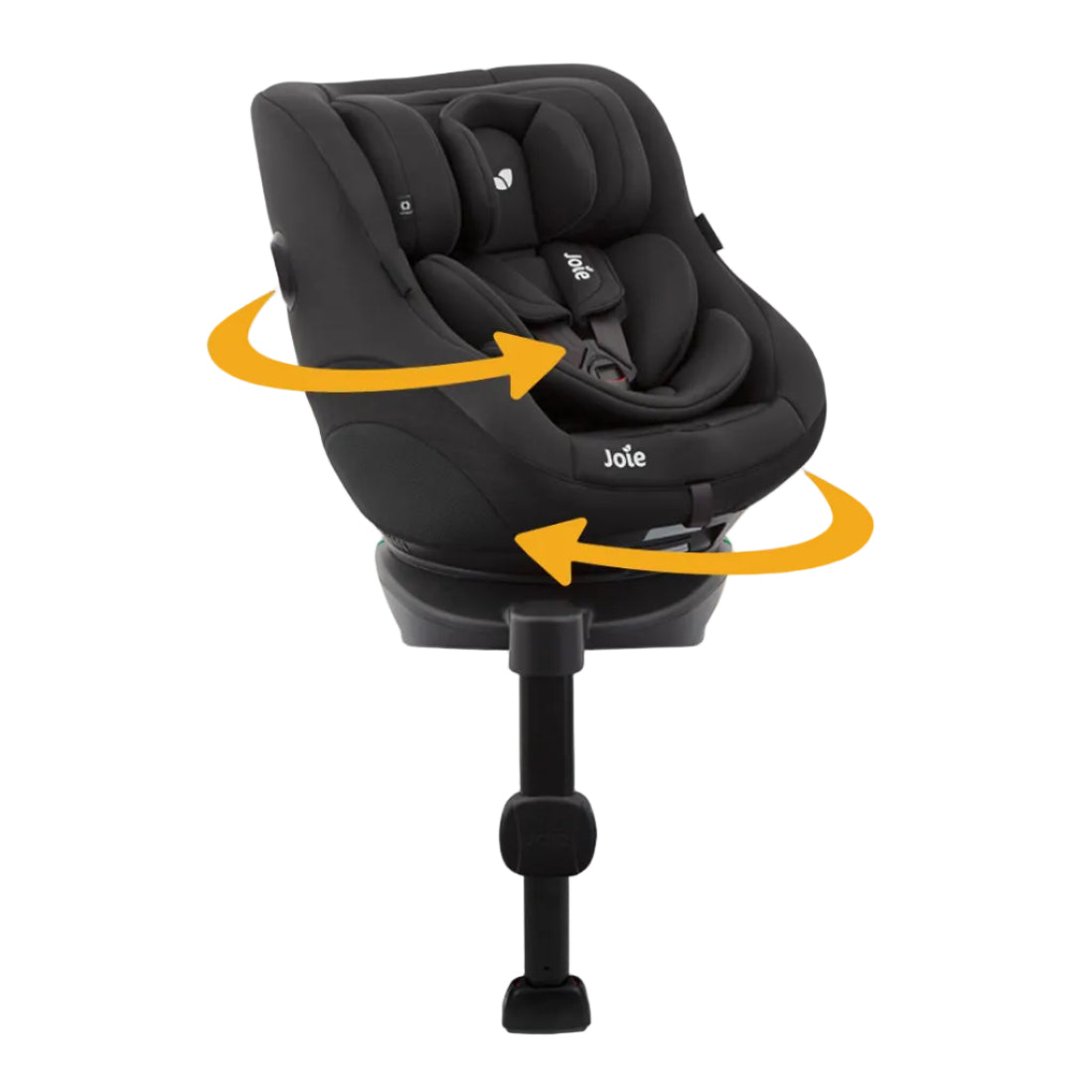 A black Joie child car seat on a base, shown with orange arrows indicating rotation or adjustment, on a plain light beige background.