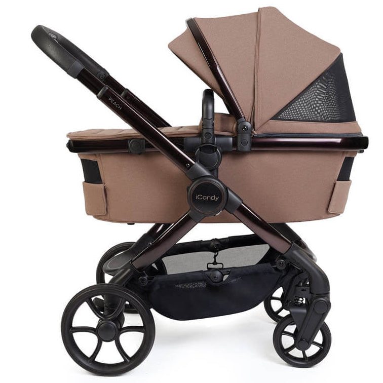 Brown baby stroller with black accents on a white background