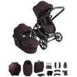 Brown baby stroller with accessories on a white background