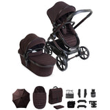 Brown baby stroller with accessories on a white background