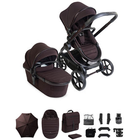 Brown baby stroller with accessories on a white background