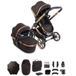 Brown and rose gold baby stroller set with accessories on a white background