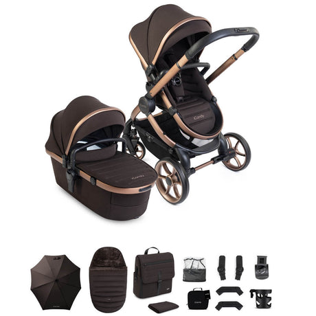 Brown and rose gold baby stroller set with accessories on a white background