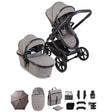 Gray baby stroller with accessories on a white background