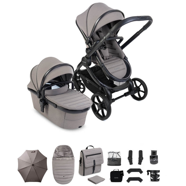 Gray baby stroller with accessories on a white background