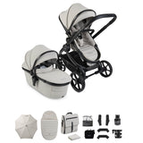 Baby stroller set with accessories on a white background
