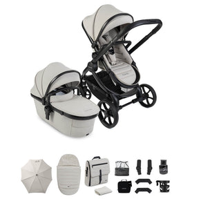 Baby stroller set with accessories on a white background