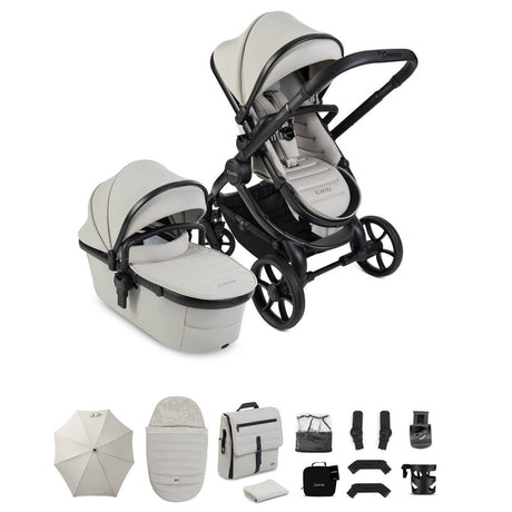 Baby stroller set with accessories on a white background